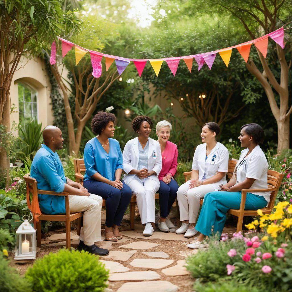 A diverse group of patients engaging in a supportive group therapy session, surrounded by bright, hopeful decor. Visualize a vibrant garden setting symbolizing growth and healing, with medical professionals sharing knowledge and empathetic gestures involved. Include elements like cancer awareness ribbons and supportive literature scattered around. Capture a sense of unity and empowerment through warm, inviting colors. super-realistic. vibrant colors. 3D.