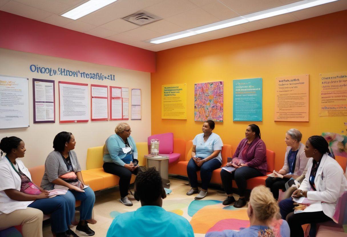 A diverse group of patients engaged in a vibrant health education workshop, surrounded by colorful educational materials about oncology. In the background, inspirational quotes about empowerment are displayed on a wall, alongside supportive health professionals interacting with patients. The atmosphere is warm and welcoming, filled with bright, uplifting colors to symbolize hope and knowledge. super-realistic. vibrant colors. 3D.