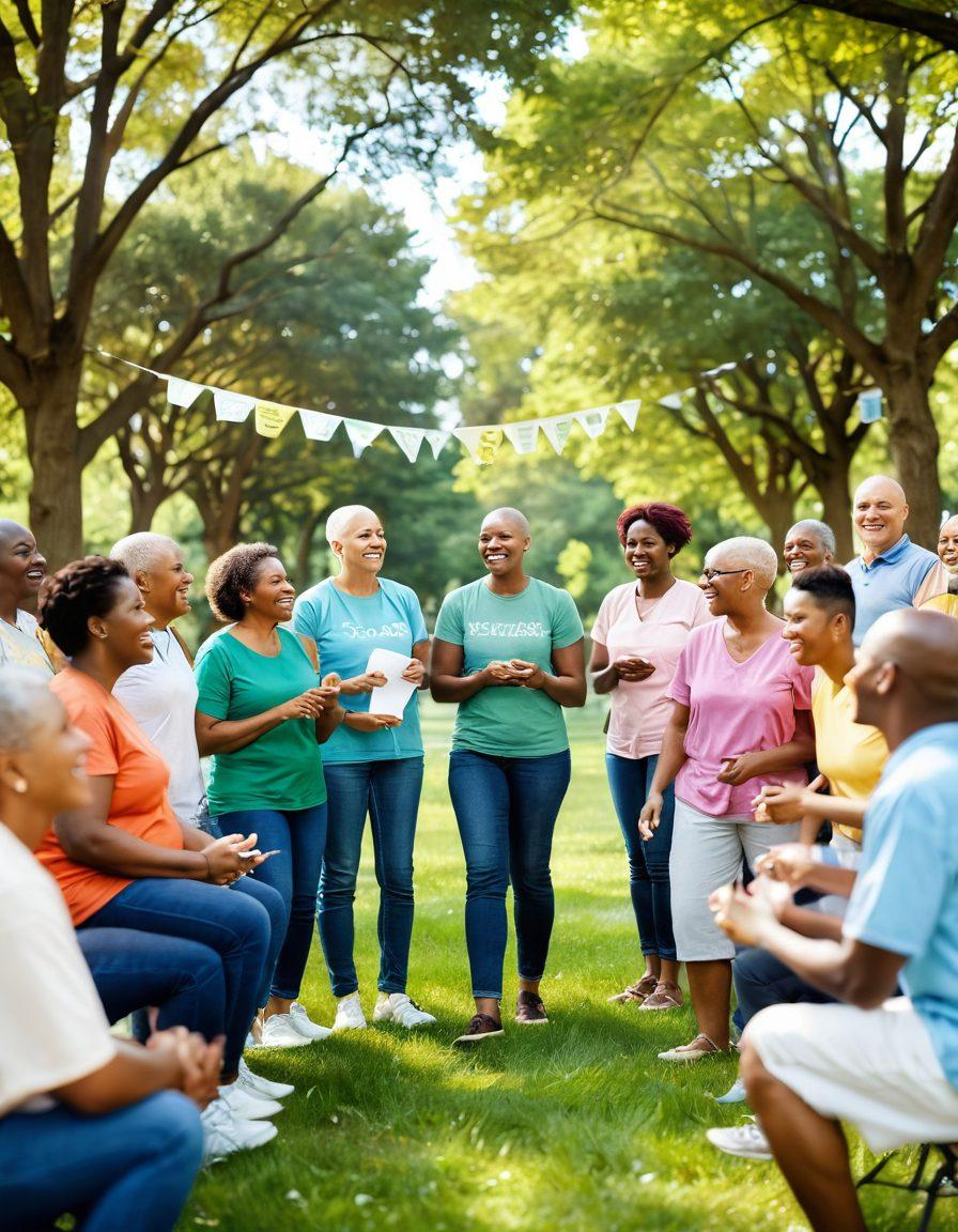 A diverse group of cancer survivors engaged in a vibrant community support gathering, surrounded by green trees and uplifting banners displaying wellness tips. Bright smiles and warm interactions illustrate empathy and support, with an inspiring background of a serene park. Soft sunlight filters through the leaves, creating a hopeful atmosphere. super-realistic. vibrant colors. outdoors.